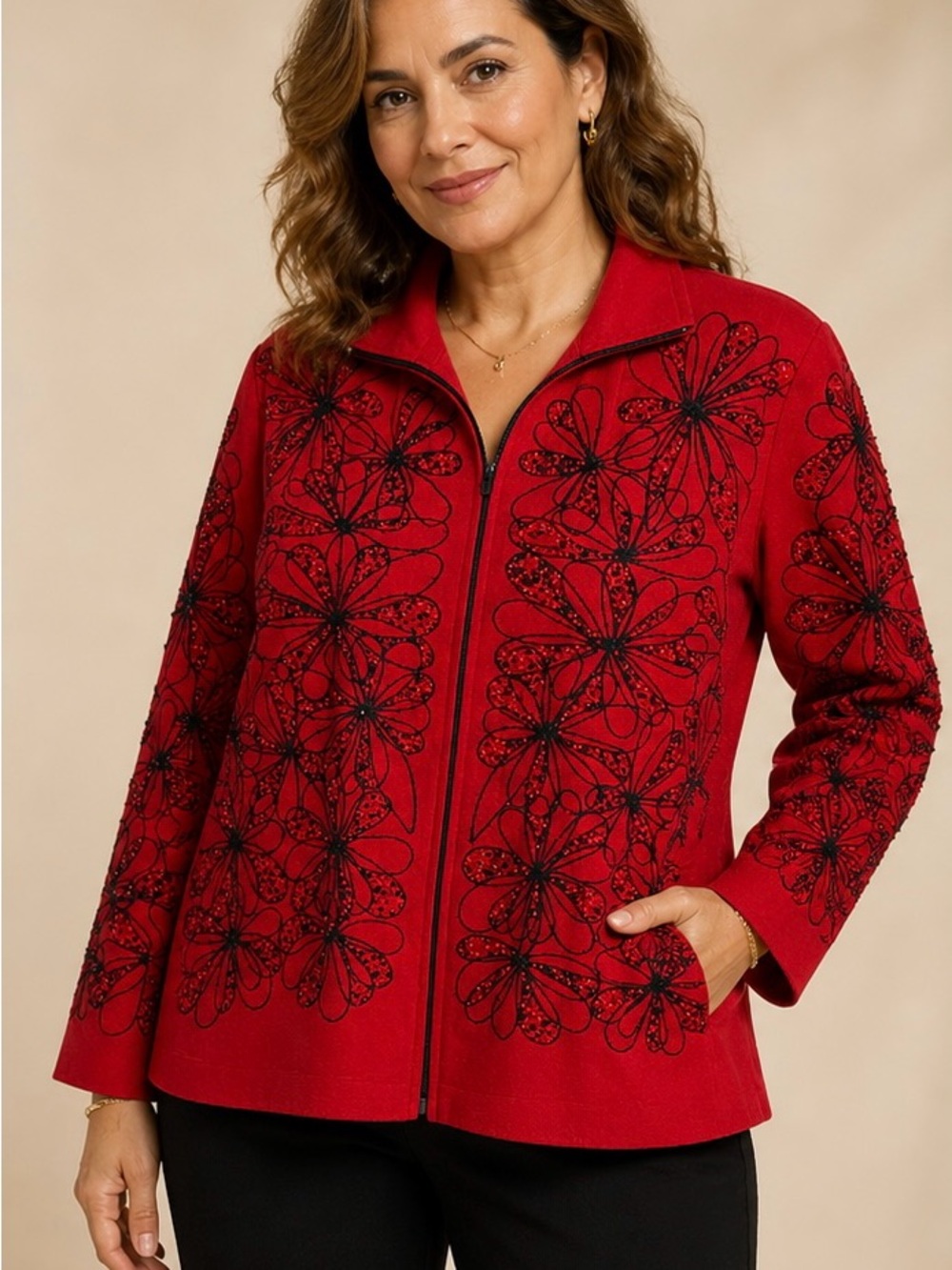 Anage Red Embroidered Zip-Front Jacket